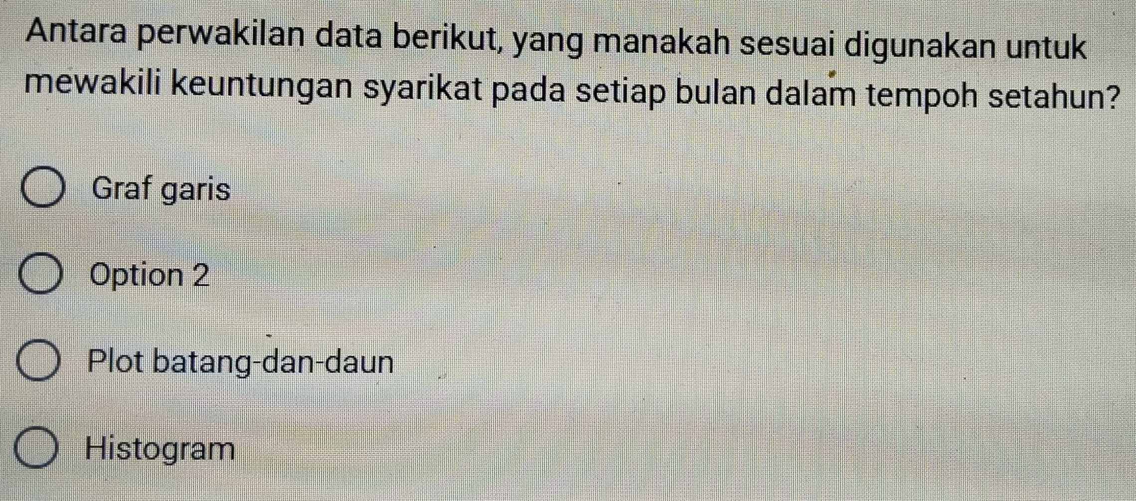 Antara perwakilan data berikut, yang manakah sesuai digunakan untuk
mewakili keuntungan syarikat pada setiap bulan dalam tempoh setahun?
Graf garis
Option 2
Plot batang-dan-daun
Histogram