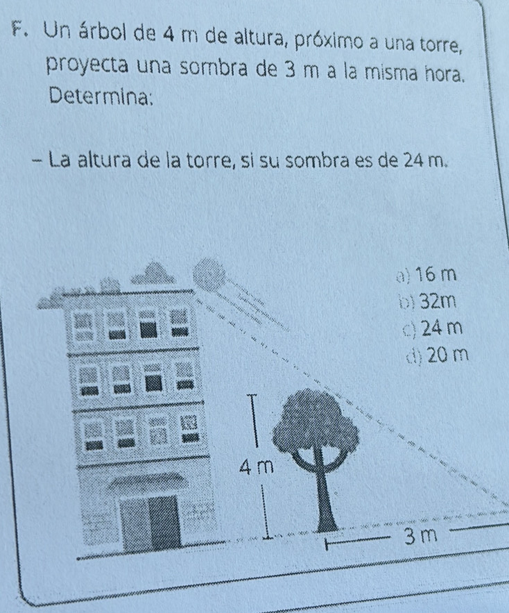 Un árbol de 4 m de altura, próximo a una torre,
proyecta una sombra de 3 m a la misma hora.
Determina:
- La altura de la torre, si su sombra es de 24 m.
a) 16 m
b) 32m
c) 24 m
d) 20 m
t
4 m
3 m