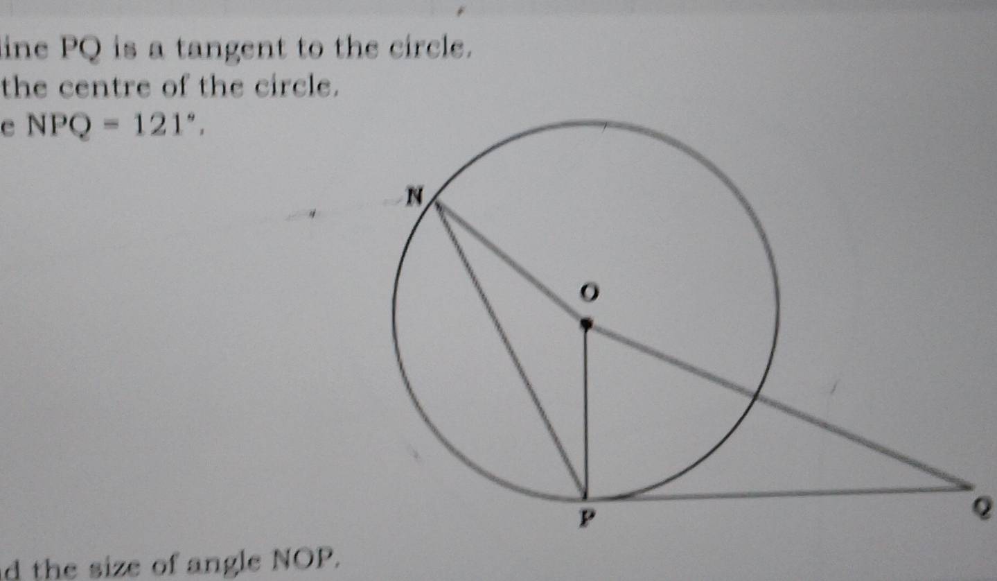 line PQ is a tangent to the circle. 
the centre of the circle. 
e NPQ=121°,
Q
d the size of angle NOP.