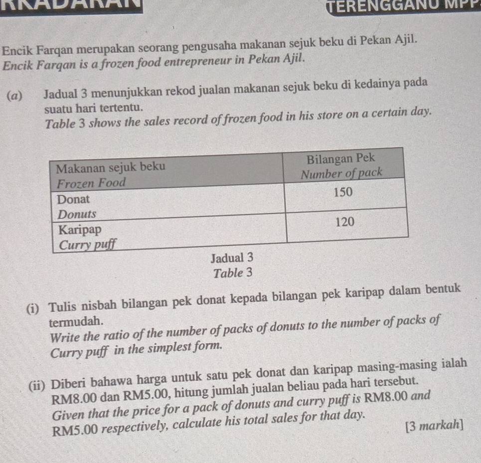 ANADANAN TERENGGANU MPP 
Encik Farqan merupakan seorang pengusaha makanan sejuk beku di Pekan Ajil. 
Encik Farqan is a frozen food entrepreneur in Pekan Ajil. 
(@) Jadual 3 menunjukkan rekod jualan makanan sejuk beku di kedainya pada 
suatu hari tertentu. 
Table 3 shows the sales record of frozen food in his store on a certain day. 
Table 3
(i) Tulis nisbah bilangan pek donat kepada bilangan pek karipap dalam bentuk 
termudah. 
Write the ratio of the number of packs of donuts to the number of packs of 
Curry puff in the simplest form. 
(ii) Diberi bahawa harga untuk satu pek donat dan karipap masing-masing ialah
RM8.00 dan RM5.00, hitung jumlah jualan beliau pada hari tersebut. 
Given that the price for a pack of donuts and curry puff is RM8.00 and
RM5.00 respectively, calculate his total sales for that day. 
[3 markah]