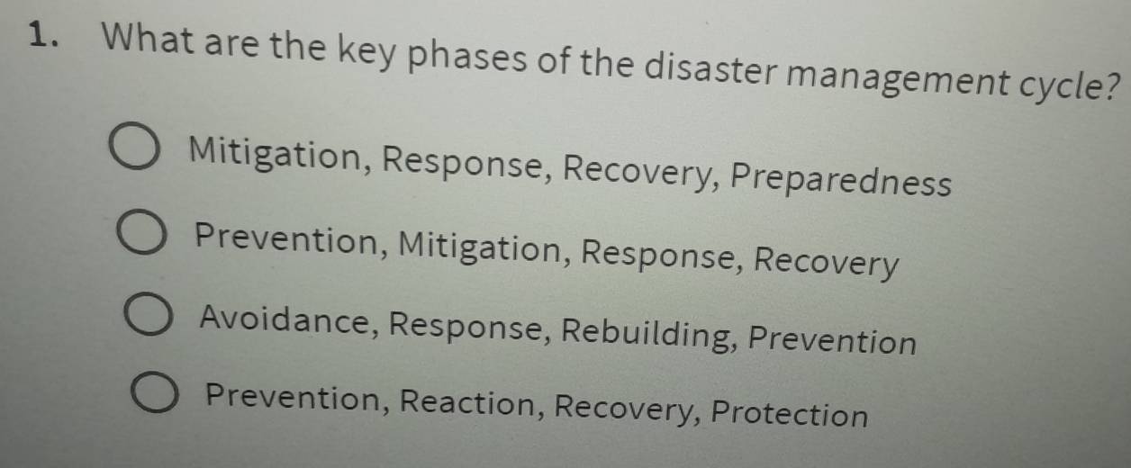 Solved: What are the key phases of the disaster management cycle ...