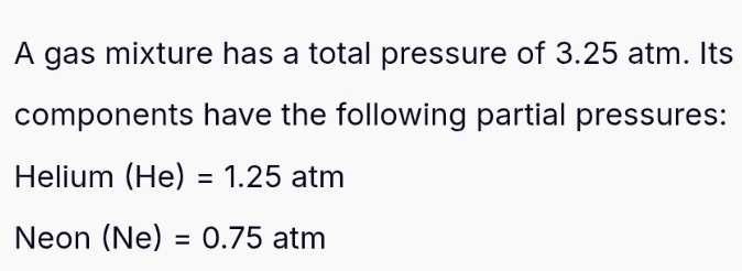 A gas mixture has a total pressure of 3.25 atm. Its 
components have the following partial pressures: 
Helium (He)=1.25atm
Neon (Ne)=0.75atm