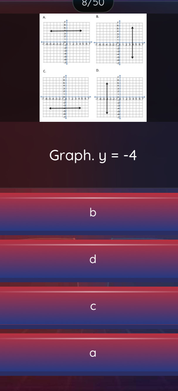 8/50 
A. 
B. 
C. 
D. 
Graph. y=-4