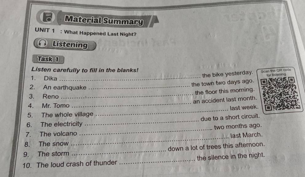Material Summary 
UNIT 1 : What Happened Last Night? 
Listening 
Task 1 
Listen carefully to fill in the blanks! 
for listening 
1. Dika_ 
the bike yesterday. Scan the QR code 
the town two days ago. 
2. An earthquake_ 
_ 
the floor this morning. 
3. Reno 
_ 
an accident last month. 
_ 
4. Mr. Tomo 
last week. 
5. The whole village 
6. The electricity _due to a short circuit. 
two months ago. 
7. The volcano 
_ 
last March. 
8. The snow 
_ 
9. The storm _down a lot of trees this afternoon. 
10. The loud crash of thunder _the silence in the night.