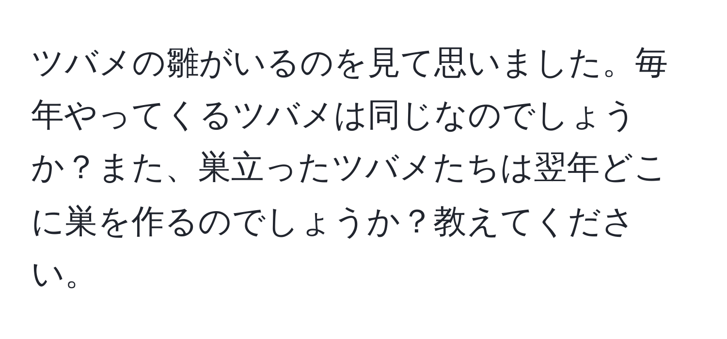 ツバメの雛がいるのを見て思いました。毎年やってくるツバメは同じなのでしょうか？また、巣立ったツバメたちは翌年どこに巣を作るのでしょうか？教えてください。