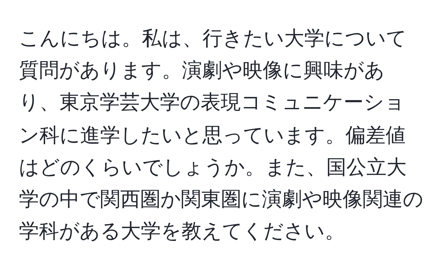 こんにちは。私は、行きたい大学について質問があります。演劇や映像に興味があり、東京学芸大学の表現コミュニケーション科に進学したいと思っています。偏差値はどのくらいでしょうか。また、国公立大学の中で関西圏か関東圏に演劇や映像関連の学科がある大学を教えてください。