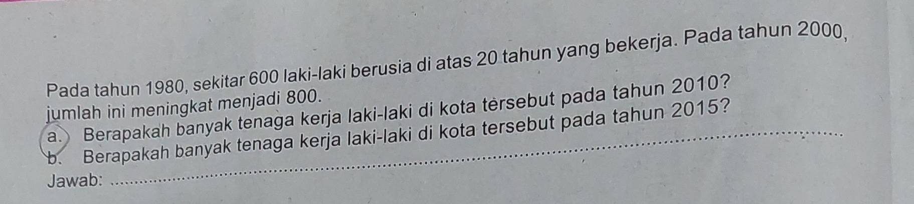 Pada tahun 1980, sekitar 600 laki-laki berusia di atas 20 tahun yang bekerja. Pada tahun 2000, 
jumlah ini meningkat menjadi 800. 
a. Berapakah banyak tenaga kerja laki-laki di kota tersebut pada tahun 2010? 
b. Berapakah banyak tenaga kerja laki-laki di kota tersebut pada tahun 2015? 
Jawab: