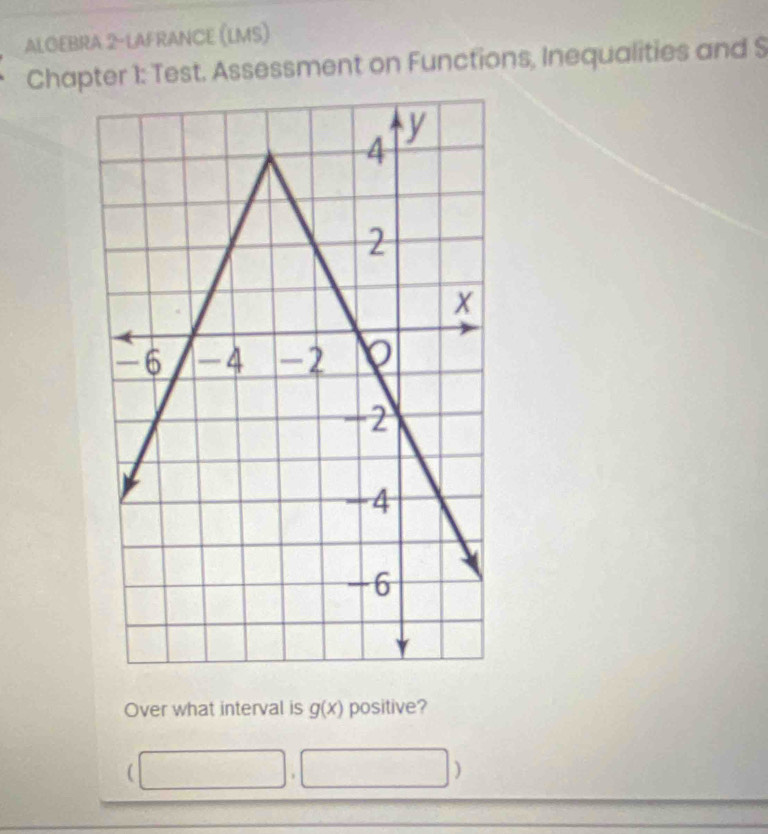 ALGEBRA 2-LAFRANCE (LMS) 
Chapter 1: Test. Assessment on Functions, Inequalities and S 
Over what interval is g(x) positive? 
(□ , (-38 □  )