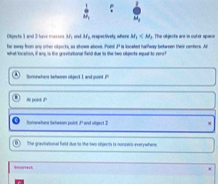 ρ
Objects 1 and 2 have masses M, and M_1 , respectively, where M_1 . The objects are in outer space
far away from any other objects, as shown above. Point P is located halfway between their centers. At
what location, if any; is the gravitational field due to the two objects equal to zero?
A Somewhere between object1 and point P
D At point P
Somewhere between point 1 and object 2 ×
The gravitational field due to the two objects is nonzero everywhere.
Incorrect
×