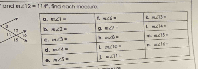 and m∠ 12=114° , find each measure.