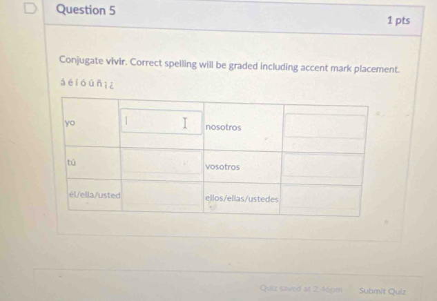 Conjugate vivir. Correct spelling will be graded including accent mark placement. 
á é i ó ú ñ ì z 
Quiz saved at 2 46pm Submit Quiz