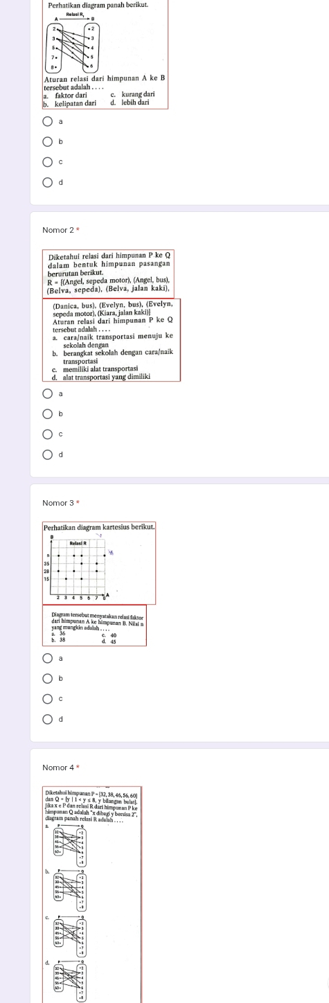 Perhatikan diagram panah berikut
Relasí R,
Aturan relasi dari himpunan A ke B
tersebut adalah . . . .
faktor dari c. kurang dari
kelipatan dari d. lebih dari
b
C
d
Nomor 2
b
C
d
Nomor 3 *
Perhatikan diagram kartesius berikut.
yang mungkin adalah 
0
a
b
C
d
Nomor 4
Diketahui himpunan P = [32, 38, 46, 56, 60