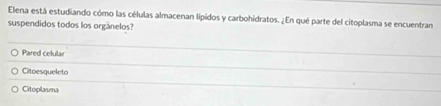 Elena está estudiando cómo las células almacenan lípidos y carbohidratos. ¿En qué parte del citoplasma se encuentran
suspendidos todos los orgānelos?
Pared celular
Citoesqueleto
Citoplasma