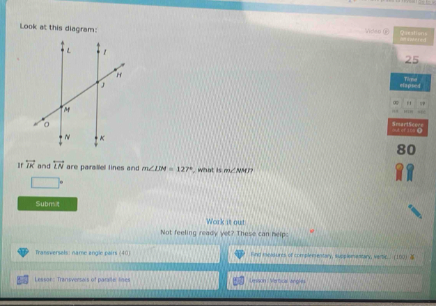 Look at this diagram: Questions 
Video é 
an swered 
25 
elapsed Time 
00 19 
sEC 
SmartScore out of 100 ① 
a 
If overleftrightarrow IK and overleftrightarrow LN are parallel lines and m∠ IJM=127° , what is m∠ NMJ
Submit 
Work it out 
Not feeling ready yet? These can help: 
Transversals: name angle pairs (40) Find measures of complementary, supplementary, vertic... (100) 
Lesson: Transversals of parallel lines Lesson: Vertical angles