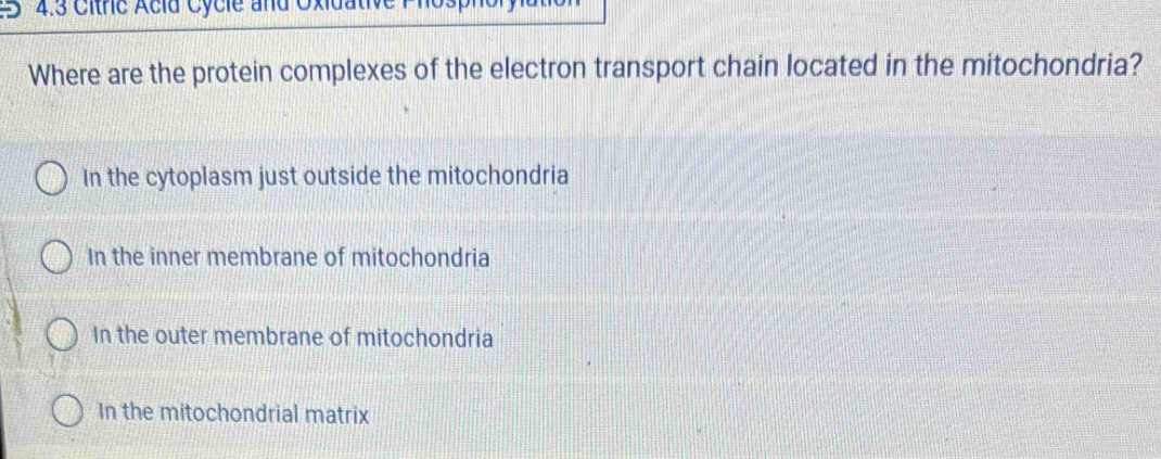 4.3 Citric Acid Cycle and Oxidative
Where are the protein complexes of the electron transport chain located in the mitochondria?
In the cytoplasm just outside the mitochondria
In the inner membrane of mitochondria
In the outer membrane of mitochondria
In the mitochondrial matrix