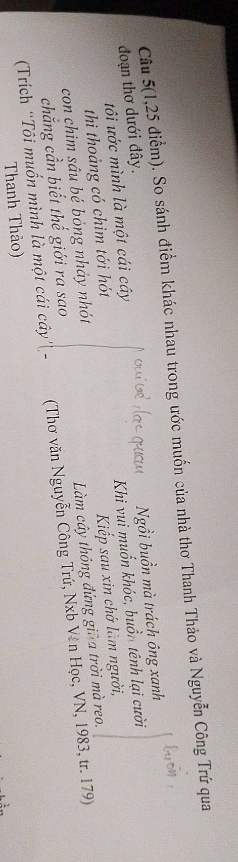 Câu 5(1, 25 điểm). So sánh điểm khác nhau trong ước muốn của nhà thơ Thanh Thảo và Nguyễn Công Trứ qua 
tôi ước mình là một cái cây Ngồi buồn mà trách ông xanh 
đoạn thơ dưới đây. 
thi thoảng có chim tới hót Khi vui muốn khóc, buồn tênh lại cười 
con chim sâu bé bỏng nhảy nhót Kiếp sau xin chớ làm người, 
chẳng cần biết thế giới ra sao Làm cây thông đứng giữa trời mà reo. 
(Trích “Tôi muốn mình là một cái cây'- (Thơ văn Nguyễn Công Trứ, Nxb Văn Học, VN, 1983, tr. 179) 
Thanh Thảo)