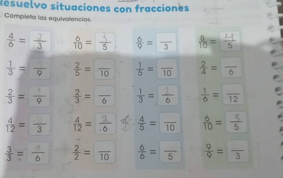 Resuelvo situaciones con fraccionès 
Completa las equivalencias. 
= n = s  6/9 = □ /3  n=
=5  2/5 = □ /10   1/5 = □ /10   2/4 = □ /6 
 2/3 = □ /9   2/3 = □ /6  =  1/6 = □ /12 
= =  4/5 = □ /10  n=
=  2/2 = □ /10   6/6 = □ /5   9/9 = □ /3 