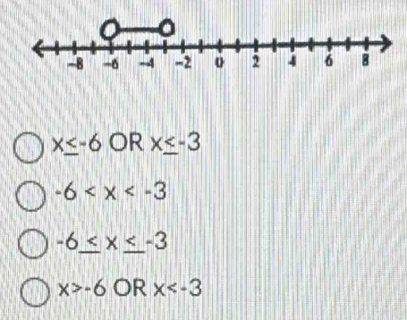 x≤ -6 OR x≤ -3
-6
-6≤ x≤ -3
x>-6 OR x