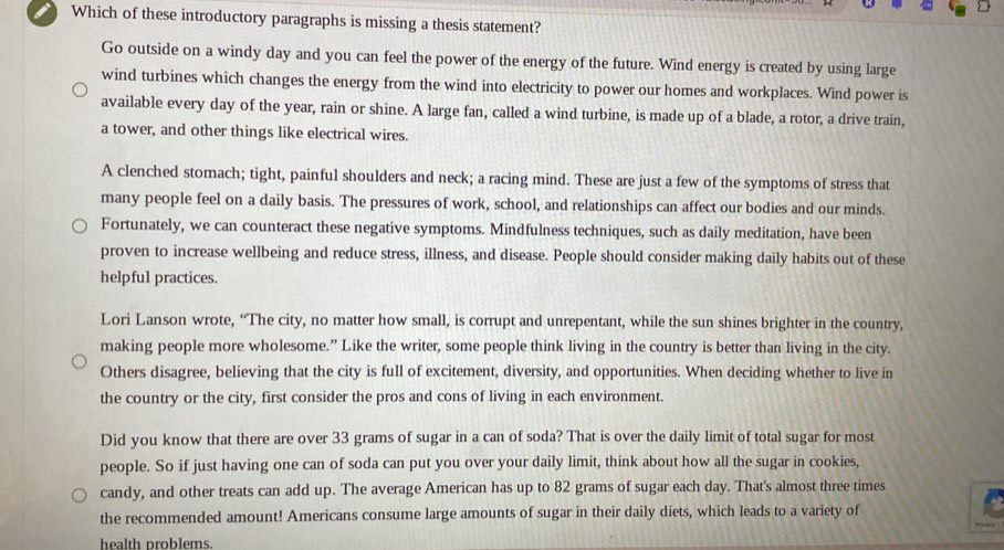 Resuelto:Which of these introductory paragraphs is missing a thesis ...