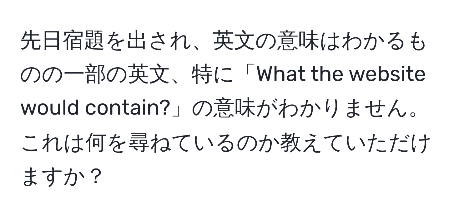 先日宿題を出され、英文の意味はわかるものの一部の英文、特に「What the website would contain?」の意味がわかりません。これは何を尋ねているのか教えていただけますか？