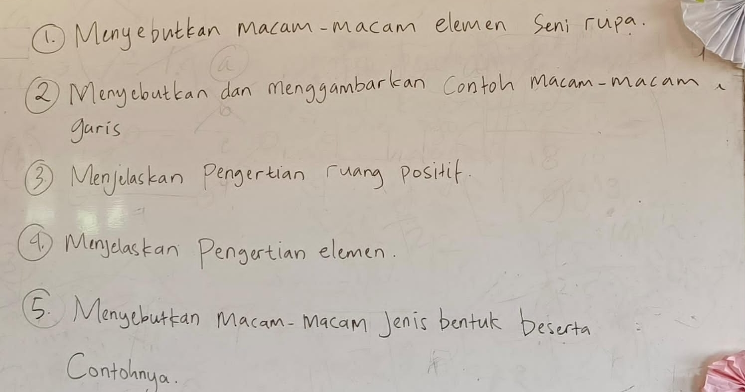 (. ) Monyebuttan macam-macam elemen Seni rupa. 
2 Meny ebutkan dan menggambarkan Contoh macam-macam 
garis 
③ Menjclaskan Pengertian ruang positif 
④ Mingelaskan Pengertian elemen. 
5. Menyebutkan Macam-Macam Jenis benfuk beserta 
Contohnya.