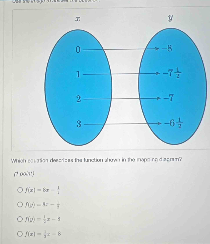 Ose the image to answer the question.
Which equation describes the function shown in the mapping diagram?
(1 point)
f(x)=8x- 1/2 
f(y)=8x- 1/2 
f(y)= 1/2 x-8
f(x)= 1/2 x-8