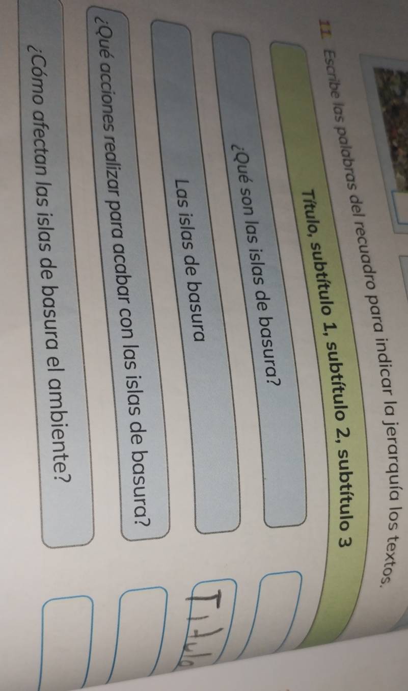 Escribe las palabras del recuadro para indicar la jerarquía los textos. 
Título, subtítulo 1, subtítulo 2, subtítulo 3
¿Qué son las islas de basura? 
Las islas de basura 
¿Qué acciones realizar para acabar con las islas de basura? 
¿Cómo afectan las islas de basura el ambiente?