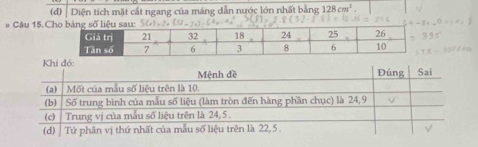 Diện tích mặt cắt ngang của máng dẫn nước lớn nhất bằng 128cm^2. 
# Câu 15.C