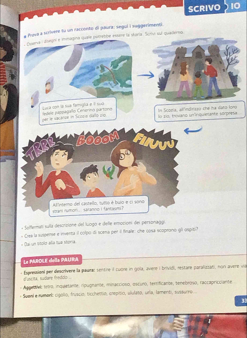 SCRIVO 10 
Prova a scrivere tu un racconto di paura; segui i suggerimenti. 
* Osserva i disegni e immagina quale potrebbe essere la storía. Scrivi sul quaderno. 
Luca con la sua famiglia e il suo 
fedele pappagallo Cenerino partono 
In Scozia, all'indirizzo che ha dato loro 
per le vacanze in Scozia dallo zio. 
lo zio, trovano un'inquietante sorpresa... 
All'interno del castello, tutto è buio e ci sono 
strani rumori... saranno i fantasmi? 
Soffermati sulla descrizione del luogo e delle emozioni dei personaggi. 
Crea la suspense e inventa il colpo di scena per il finale: che cosa scoprono gli ospiti? 
Dai un titolo alla tua storia. 
Le PAROLE della PAURA 
Espressioni per descrivere la paura: sentire il cuore in gola, avere i brividi, restare paralizzati, non avere via 
duscita, sudare freddo 
Aggettivi: tetro, inquietante, ripugnante, minaccioso, oscuro, terrificante, tenebroso, raccapricciante. 
Suoni e rumori: cigolio, fruscio, ticchettio, crepitio, ululato, urla, lamenti, sussurro... 
33