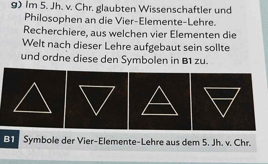 Im 5. Jh. v. Chr. glaubten Wissenschaftler und 
Philosophen an die Vier-Elemente-Lehre. 
Recherchiere, aus welchen vier Elementen die 
Welt nach dieser Lehre aufgebaut sein sollte 
und ordne diese den Symbolen in B1 zu.
B1 Symbole der Vier-Elemente-Lehre aus dem 5. Jh. v. Chr.