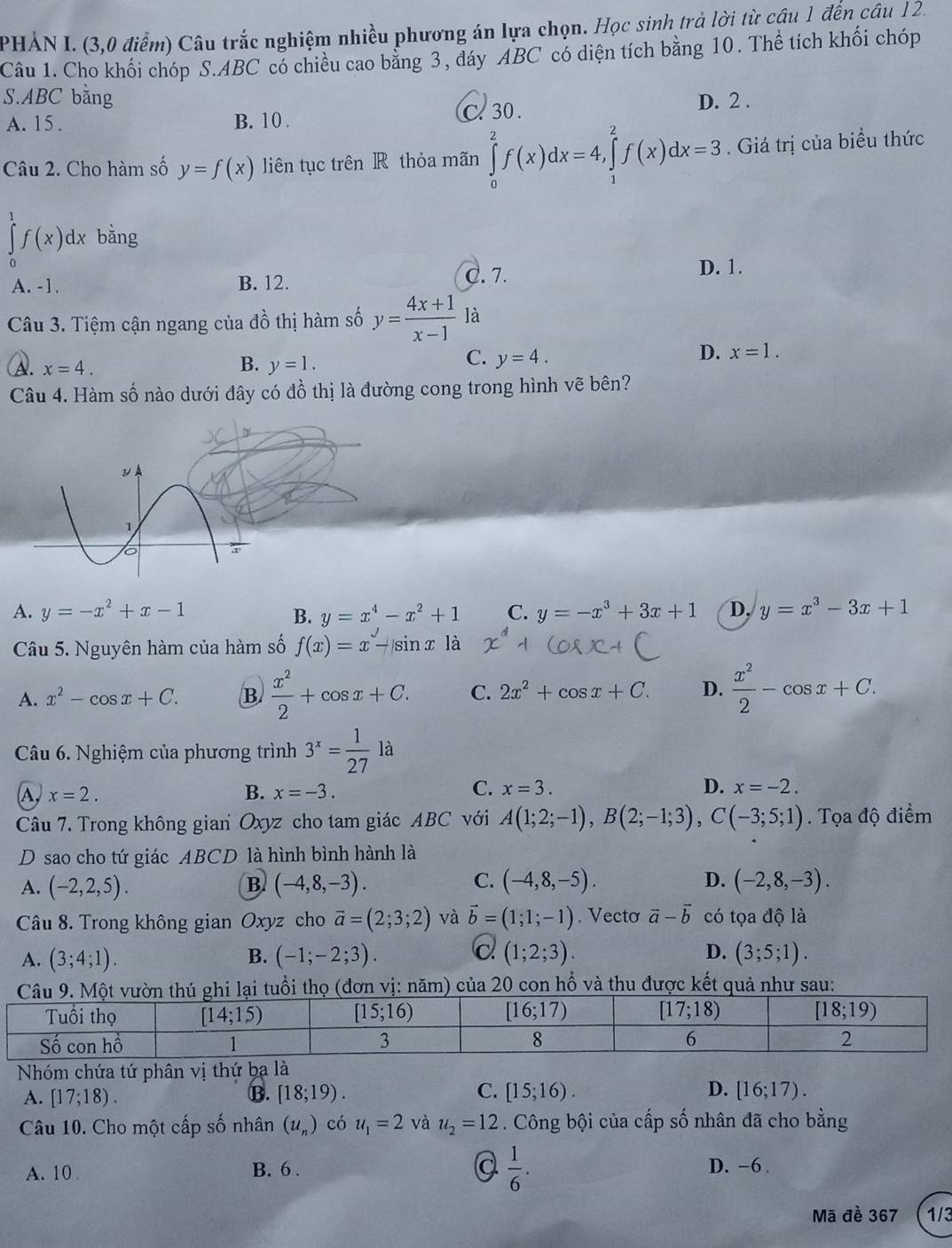 PHẢN I. (3,0 điểm) Câu trắc nghiệm nhiều phương án lựa chọn. Học sinh trả lời từ cầu 1 đến câu 12.
Câu 1. Cho khối chóp S.ABC có chiều cao bằng 3, đáy ABC có diện tích bằng 10. Thể tích khối chóp
S.ABC băng
A. 15. B. 10 . C 30. D. 2 .
Câu 2. Cho hàm số y=f(x) liên tục trên R thỏa mãn ∈tlimits _0^(2f(x)dx=4,∈tlimits _1^2f(x)dx=3. Giá trị của biểu thức
∈tlimits _0^1f(x)dx bằng
A. -1. B. 12.
C. 7.
D. 1.
Câu 3. Tiệm cận ngang của đồ thị hàm số y=frac 4x+1)x-1 là
B.
A. x=4. y=1.
C. y=4.
D. x=1.
Câu 4. Hàm số nào dưới đây có đồ thị là đường cong trong hình vẽ bên?
A. y=-x^2+x-1 B. y=x^4-x^2+1 C. y=-x^3+3x+1 D, y=x^3-3x+1
Câu 5. Nguyên hàm của hàm số f(x)=x-sin x là
A. x^2-cos x+C. B  x^2/2 +cos x+C. C. 2x^2+cos x+C. D.  x^2/2 -cos x+C.
Câu 6. Nghiệm của phương trình 3^x= 1/27 la
A. x=2. B. x=-3. C. x=3. D. x=-2.
Câu 7. Trong không gian Oxyz cho tam giác ABC với A(1;2;-1),B(2;-1;3),C(-3;5;1). Tọa độ điểm
D sao cho tứ giác ABCD là hình bình hành là
C.
A. (-2,2,5). (-4,8,-3). (-4,8,-5). D. (-2,8,-3).
B.
Câu 8. Trong không gian Oxyz cho vector a=(2;3;2) và vector b=(1;1;-1). Vecto vector a-vector b có tọa độ là
D.
A. (3;4;1). B. (-1;-2;3). C (1;2;3). (3;5;1).
ại tuổi thọ (đơn vị: năm) của 20 con hổ và thu được kết quả như sau:
Nhóm chứa tứ phân vị thứ ba là
C.
D.
A. [17;18). B. [18;19). [15;16). [16;17).
Câu 10. Cho một cấp số nhân (u_n) có u_1=2 và u_2=12. Công bội của cấp số nhân đã cho bằng
A. 10 B. 6 . Q  1/6 . D. -6 .
Mã đề 367 1/3