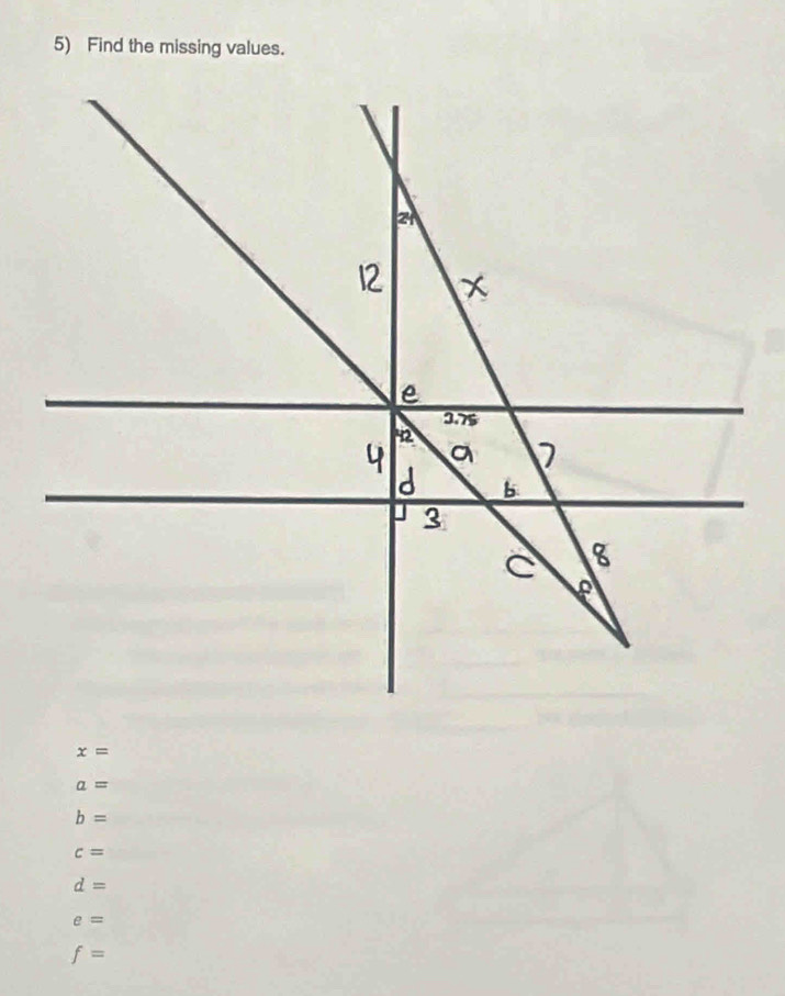 Find the missing values.
x=
a=
b=
c=
d=
e=
f=