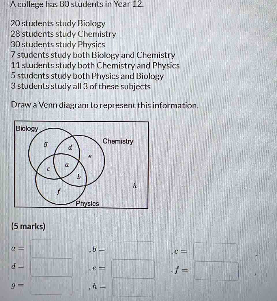 A college has 80 students in Year 12.
20 students study Biology
28 students study Chemistry
30 students study Physics
7 students study both Biology and Chemistry
11 students study both Chemistry and Physics
5 students study both Physics and Biology
3 students study all 3 of these subjects
Draw a Venn diagram to represent this information.
(5 marks)
a=
b=
c=
d=
e=
f=
g=
h=