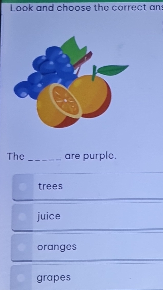 Look and choose the correct an
The _are purple.
trees
juice
oranges
grapes