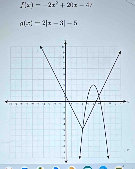 f(x)=-2x^2+20x-47
g(x)=2|x-3|-5
x