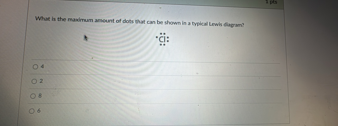 What is the maximum amount of dots that can be shown in a typical Lewis diagram?
4
2
8
6