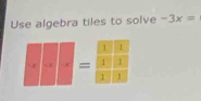 Use algebra tiles to solve -3x=
=