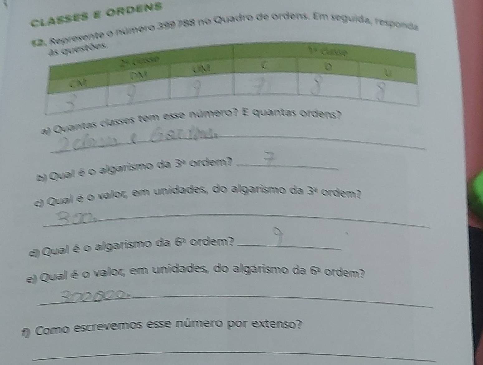 Clasés e Ordens
te o número 399 788 no Quadro de ordens. Em seguida, responda
_
a) Quantas classes tem 
b) Qual é o algarismo da 3^2 ordem?_
_
c) Qual é o valor, em unidades, do algarismo da 3^2 ordem?
d) Qual é o algarismo da 6^2 ordem?_
e) Qual é o valor, em unidades, do algarismo da 6^3 ordem?
_
f) Como escrevemos esse número por extenso?
_