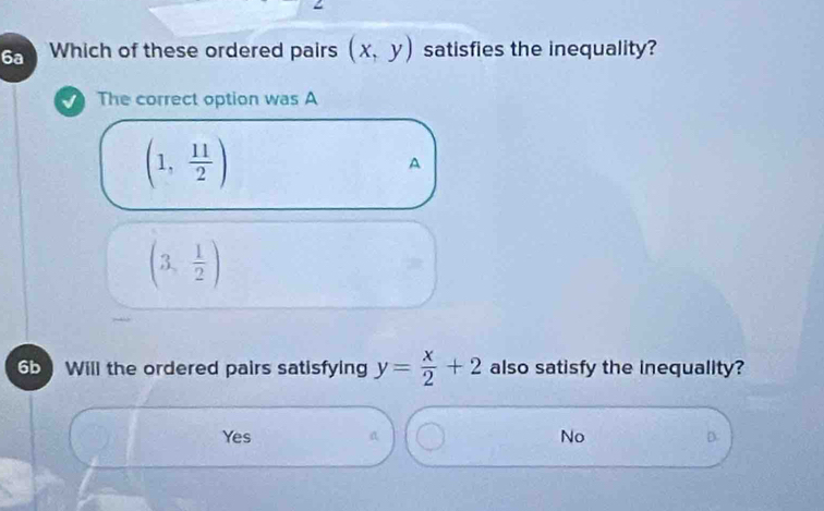 6a Which of these ordered pairs (x,y) satisfies the inequality?
The correct option was A
(1, 11/2 )
A
(3, 1/2 )
6b Will the ordered pairs satisfying y= x/2 +2 also satisfy the inequality?
Yes No D.