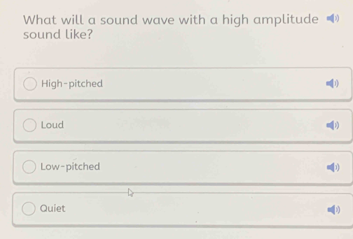 What will a sound wave with a high amplitude
sound like?
High-pitched
Loud
Low-pitched D
Quiet D)