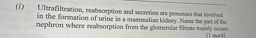 Ultrafiltration, reabsorption and secretion are processes that involved 
in the formation of urine in a mammalian kidney. Name the part of the 
nephron where reabsorption from the glomerular filtrate mainly occurs. 
[1 mark