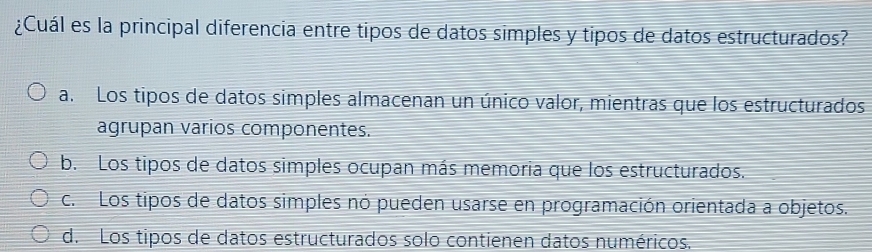 Solved: ¿Cuál es la principal diferencia entre tipos de datos simples y ...