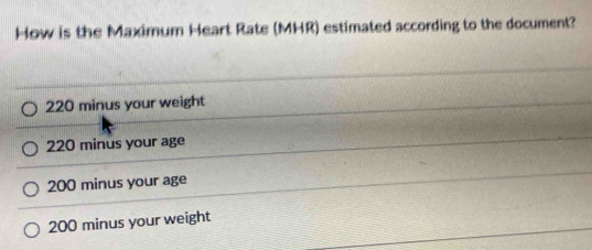 How is the Maximum Heart Rate (MHR) estimated according to the document?
220 minus your weight
220 minus your age
200 minus your age
200 minus your weight