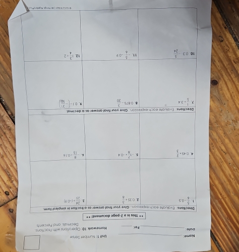 Name _ UWnit 1: Number Serse
Date:_ Per:_ Hamewark 10: Operations with Fractions.
Decimals, and Percents
-page document! * .