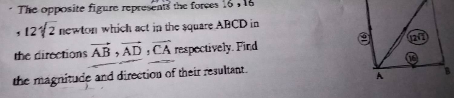 The opposite figure represents the forces 16, 16
, 12sqrt[4](2) newton which act in the square ABCD in 
the directions vector AB, vector AD, vector CA respectively. Find 
the magnitude and direction of their resultant.