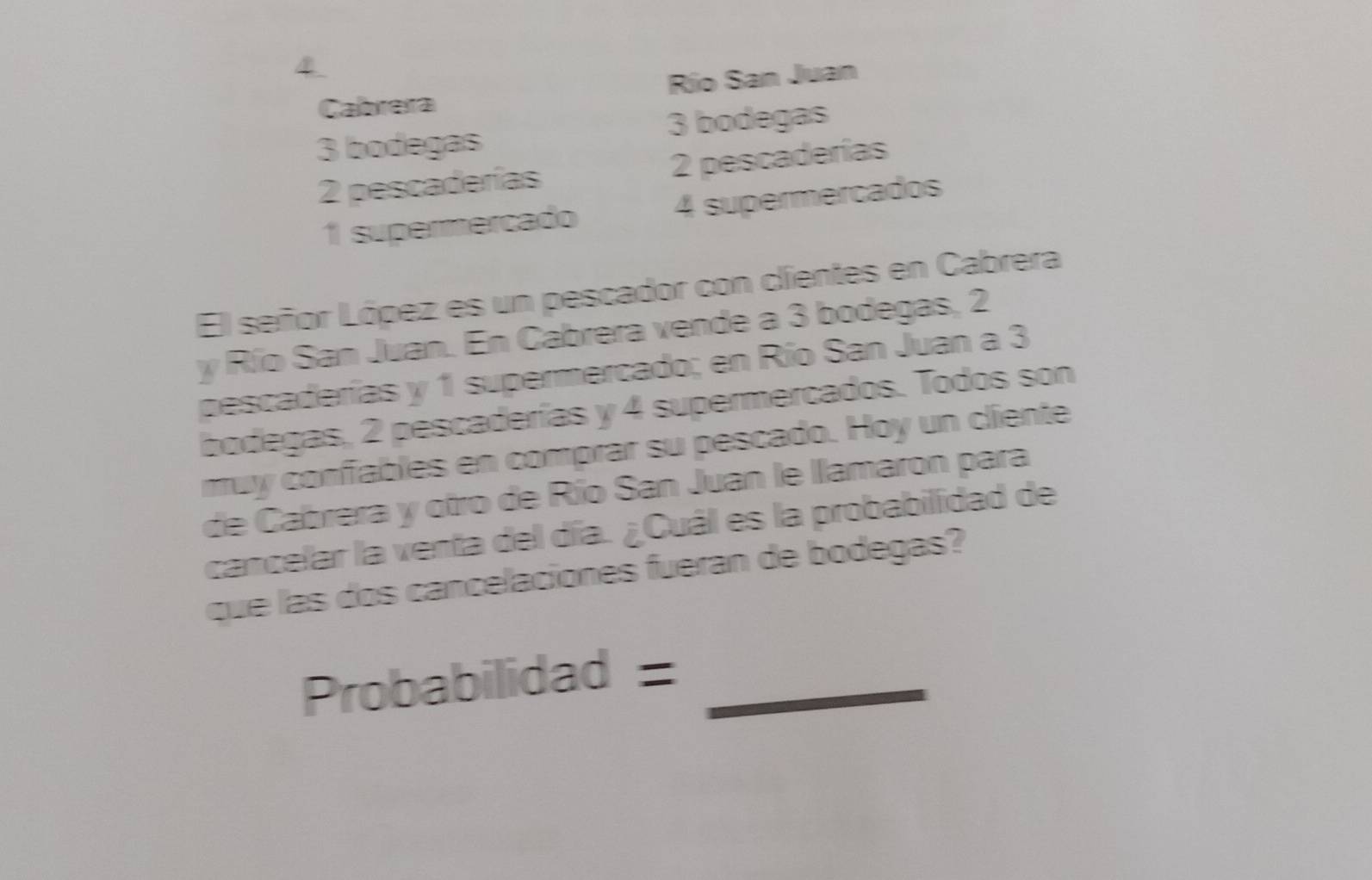 Cabrera Río San Juan
3 bodegas 3 bodegas
2 pescaderías 2 pescaderías
1 supermercado 4 supermerçados 
El señor López es un pescador con clientes en Cabrera 
y Río San Juan. En Cabrera vende a 3 bodegas, 2
pescaderías y 1 supermercado; en Río San Juan a 3
bodegas, 2 pescaderías y 4 supermercados. Todos son 
muy confables en comprar su pescado. Hoy un cliente 
de Cabrera y otro de Río San Juan le llamaron para 
cancelar la venta del día. ¿Cuál es la probabilidad de 
que las dos cancelaciones fueran de bodegas? 
Probabilidad =_