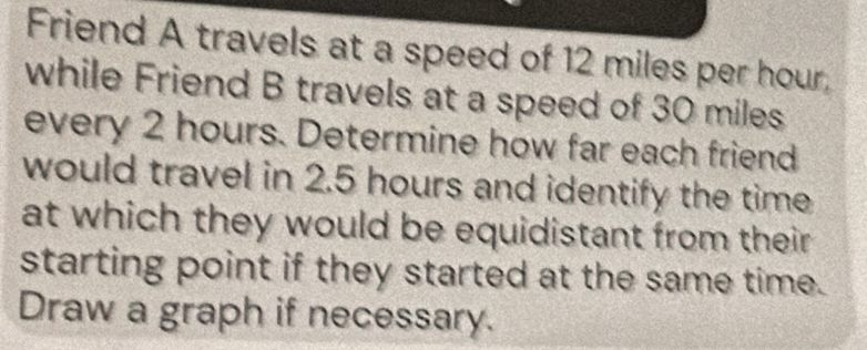 Friend A travels at a speed of 12 miles per hour, 
while Friend B travels at a speed of 30 miles
every 2 hours. Determine how far each friend 
would travel in 2.5 hours and identify the time 
at which they would be equidistant from their . 
starting point if they started at the same time. 
Draw a graph if necessary.