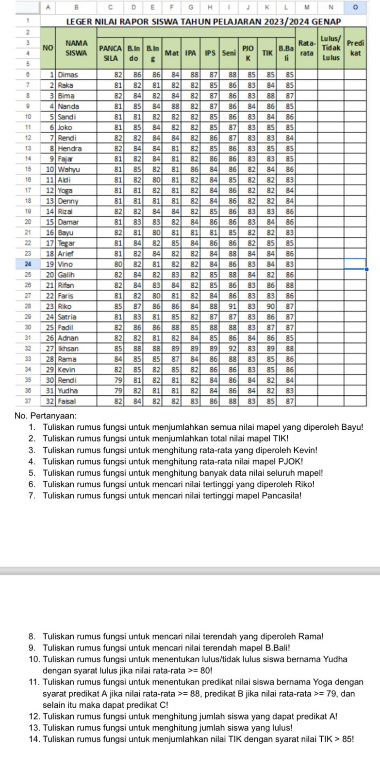 A B C D E F G H | J K L M N 0
1 LEGER NILAI RAPOR SISWA TAHUN PELAJARAN 2023/2024 GENAP 
edi 
at 
No 
u! 
3. Tuliskan rumus fungsi untuk menghitung rata-rata yang diperoleh Kevin! 
4. Tuliskan rumus fungsi untuk menghitung rata-rata nilai mapel PJOK! 
5. Tuliskan rumus fungsi untuk menghitung banyak data nilai seluruh mapel! 
6. Tuliskan rumus fungsi untuk mencari nilai tertinggi yang diperoleh Riko! 
7. Tuliskan rumus fungsi untuk mencari nilai tertinggi mapel Pancasila! 
8. Tuliskan rumus fungsi untuk mencari nilai terendah yang diperoleh Rama! 
9. Tuliskan rumus fungsi untuk mencari nilai terendah mapel B.Bali! 
10. Tuliskan rumus fungsi untuk menentukan lulus/tidak lulus siswa bernama Yudha 
dengan syarat lulus jika nilai rata-rata =80!
11. Tuliskan rumus fungsi untuk menentukan predikat nilai siswa bernama Yoga dengan 
syarat predikat A jika nilai rata-rata =88 , predikat B jika nilai rata-rata =79 , dan 
selain itu maka dapat predikat C! 
12. Tuliskan rumus fungsi untuk menghitung jumlah siswa yang dapat predikat A! 
13. Tuliskan rumus fungsi untuk menghitung jumlah siswa yang lulus! 
14. Tuliskan rumus fungsi untuk menjumlahkan nilai TIK dengan syarat nilai TIK>85!