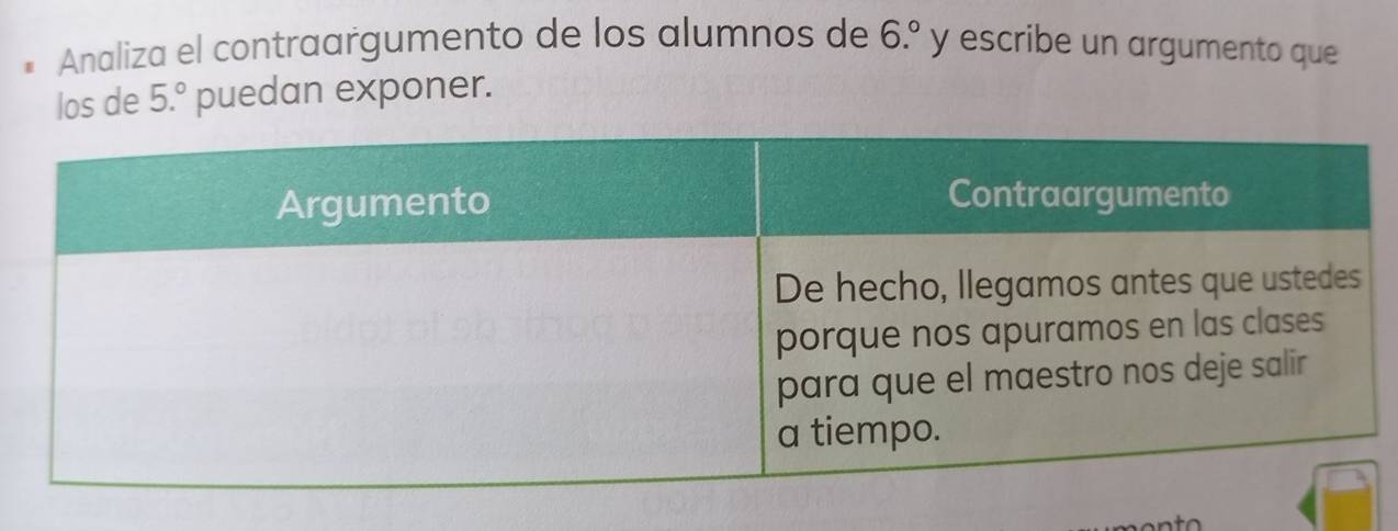 # Analiza el contraargumento de los alumnos de 6.^circ  y escribe un argumento que 
los de 5.^circ  puedan exponer.