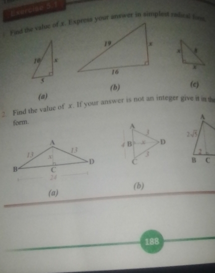 1
(b) (c)
(a)
2. Find the value of x. If your answer is not an integer give it in th
form.
 
 
(b)
(a)
188